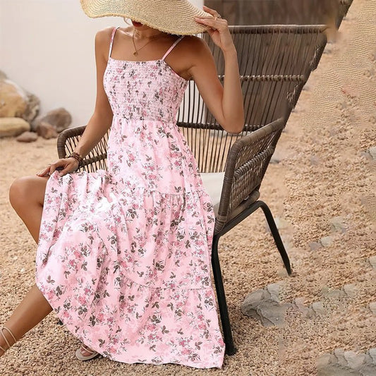 Womens Summer Floral Midi Dress Smocked Spaghetti Strap Sleeveless Tiered Casual Flowy Dresses - Feeling My Adventure