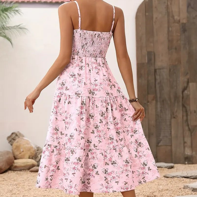 Womens Summer Floral Midi Dress Smocked Spaghetti Strap Sleeveless Tiered Casual Flowy Dresses - Feeling My Adventure