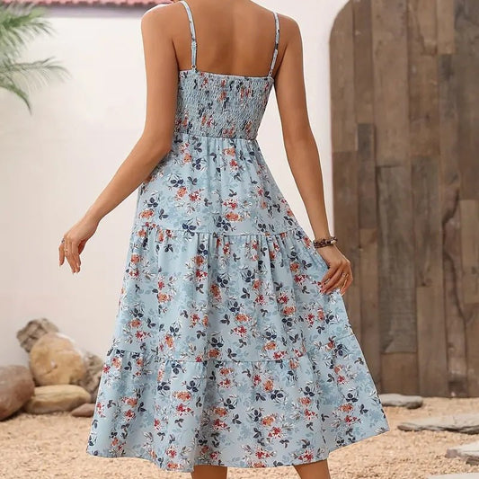 Womens Summer Floral Midi Dress Smocked Spaghetti Strap Sleeveless Tiered Casual Flowy Dresses - Feeling My Adventure