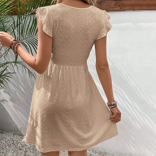 Women's V Neck Lace Mini Dresses Casual Summer Ruffle Sleeve Crochet Sundresses - Feeling My Adventure