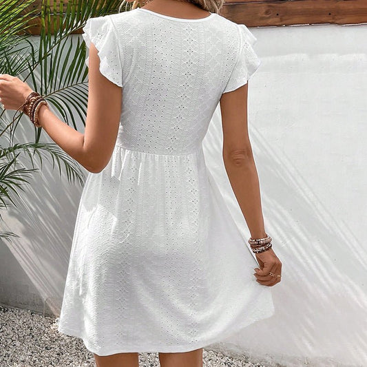 Women's V Neck Lace Mini Dresses Casual Summer Ruffle Sleeve Crochet Sundresses - Feeling My Adventure