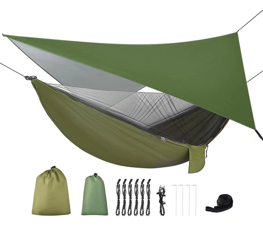 FIRINER Camping Hammock with Rain Fly Tarp and Mosquito Net Portable Single Double Hammock Tent with Tree Strap Backpacking Hammock with Rain Cover for Hiking Travel Yard Activities Green Feeling My Adventure
